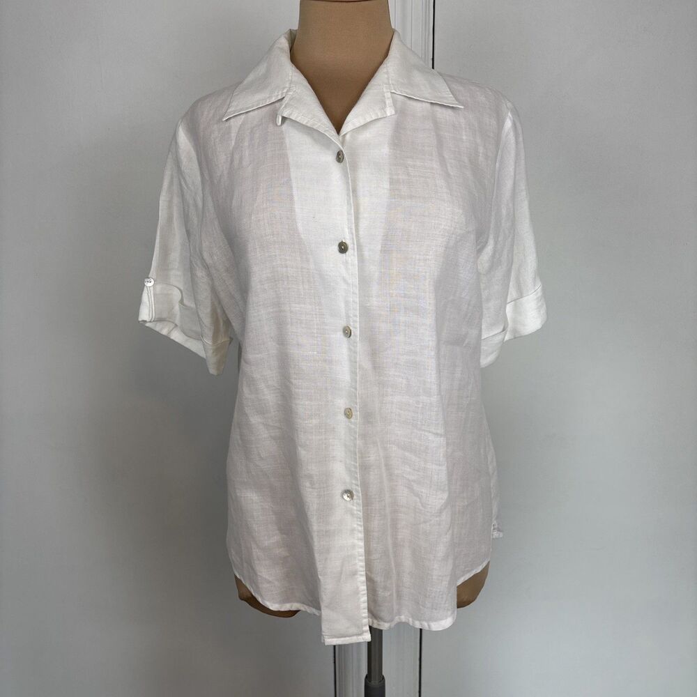 Charlie’s Court Women’s White Linen Short Sleeve Button Up Blouse Medium
